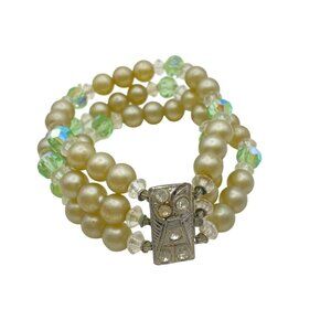 Vintage Faux Pearl Green Crystal Bracelet Rhinestone Box Clasp MCM 1940s-1950s